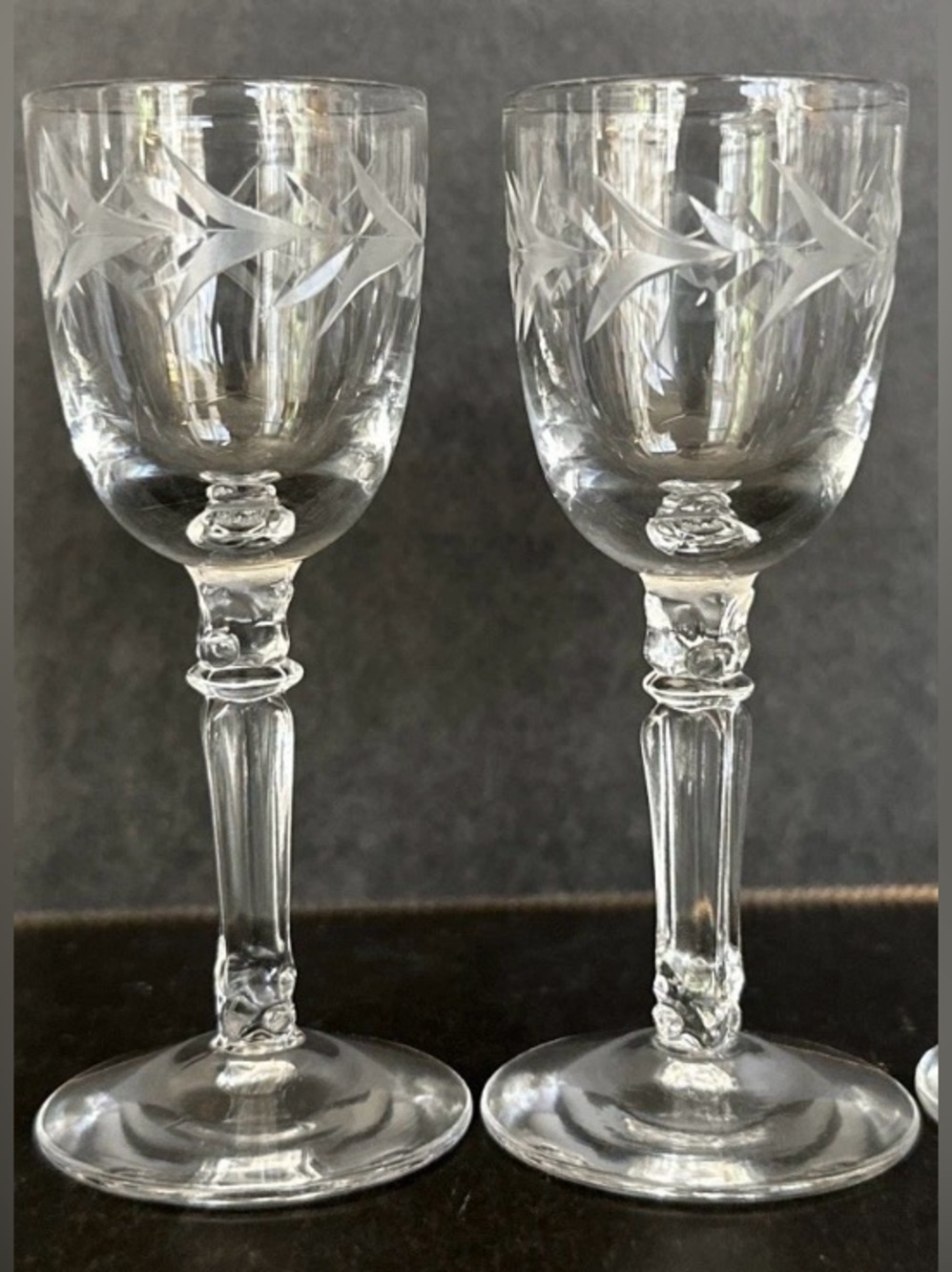 Fostoria Holly Cordial Glass Manganese UV Glow Set of 2 MCM Apéritif 3.75"